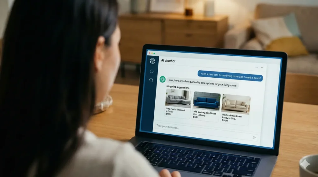 Image of female shopper searching via agentic commerce and reviewing shopping suggestions