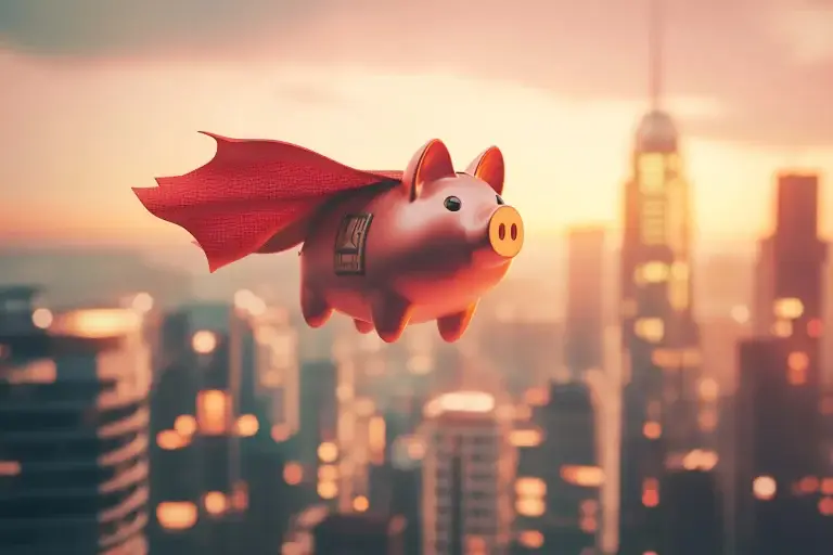 Super Savings Piggy Bank for Financing Wonder Image of a piggy bank wearing a super hero cape to help illustrate a winning financing solution