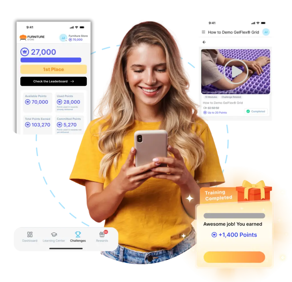 Female retail sales associate using Wonder App that showcases product training challenges and a dashboard on mobile