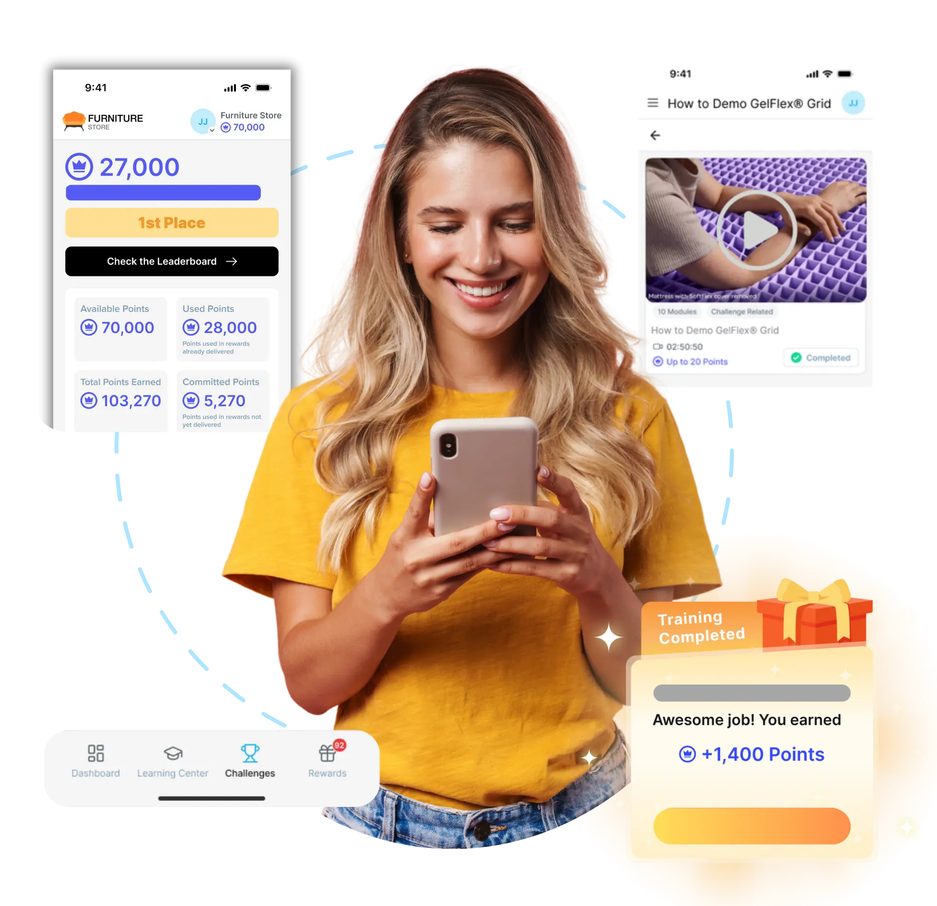 Retail sales associate using Wonder App for frontline sales enablement with product training and SPIF challenges on mobile