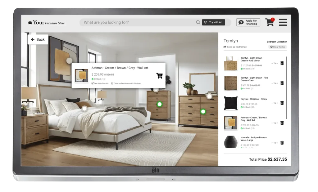 Upsell with collections on a Wondersign Kiosk where guests can purchase everything available in a collection and retailers can add home accents