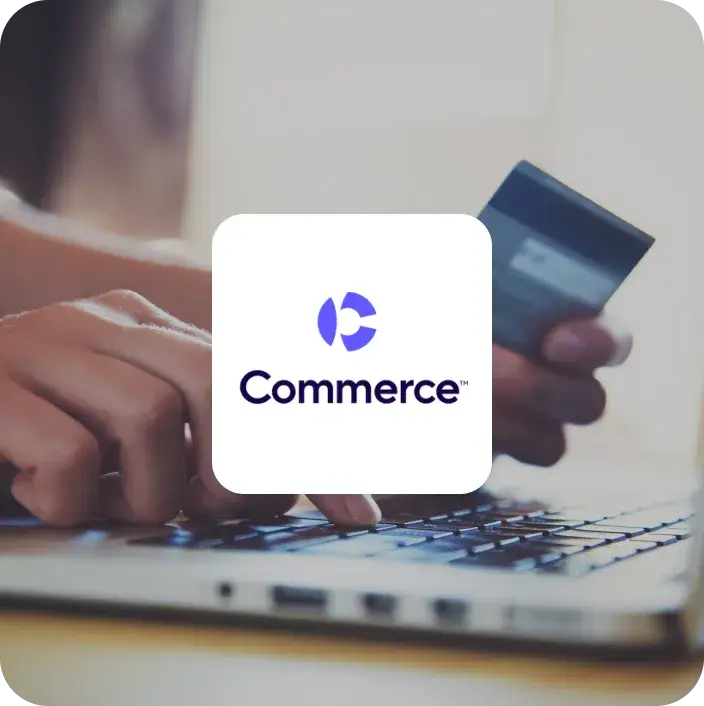 Image of Commerce formerly BigCommerce brand logo that works with a photograph of a shopper using a laptop to checkout