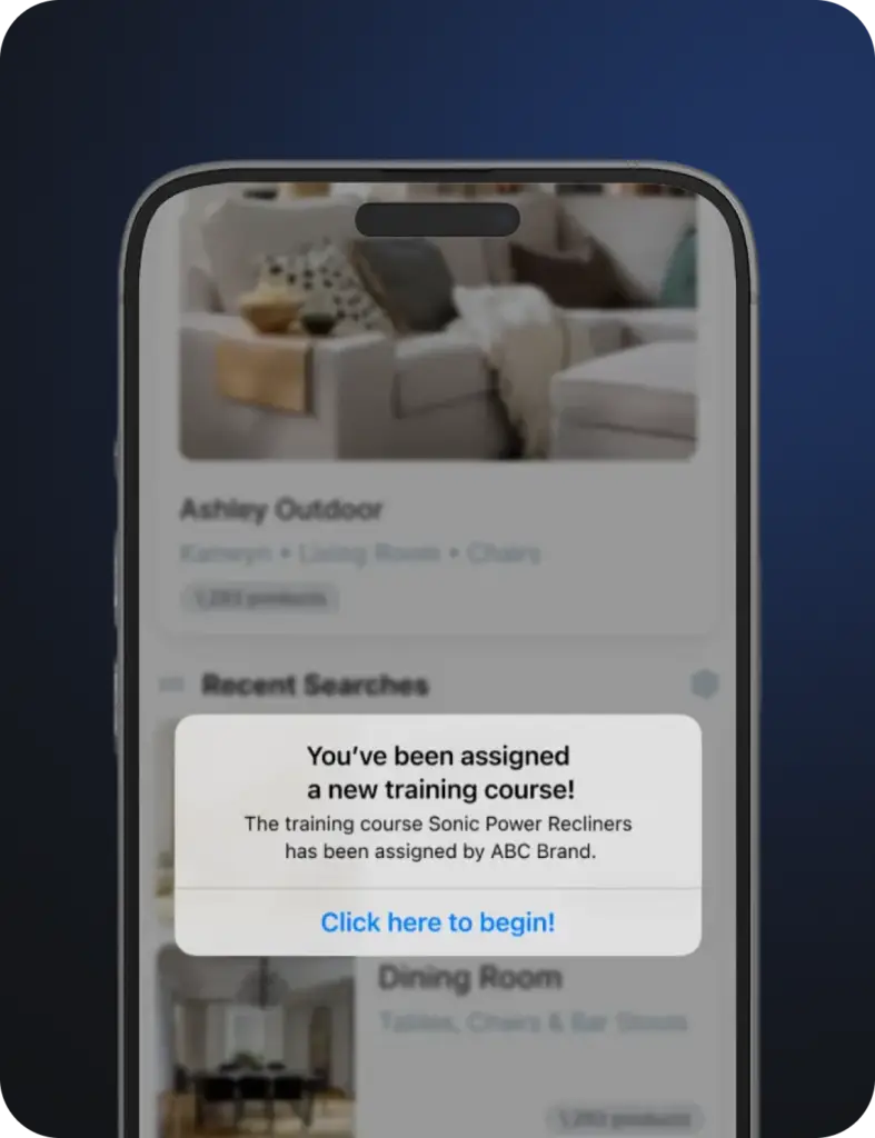 Image of mobile device that instantly notifies RSAs of new products with built in training available