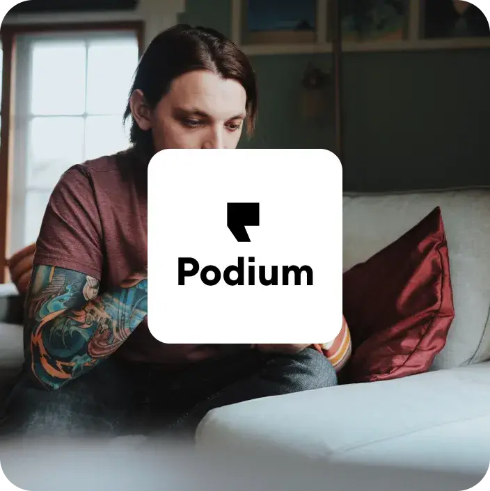 Image of Podium brand logo with an image of a male on the phone
