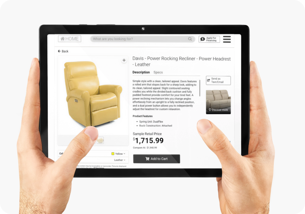 Hand holding a tablet with product data available