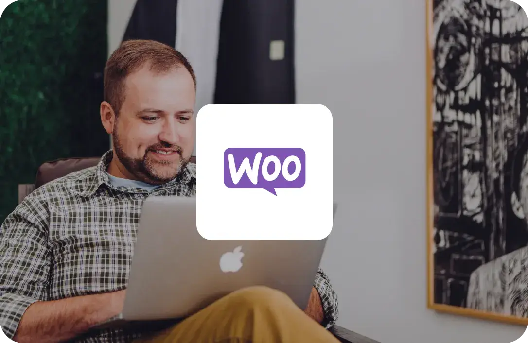 Woo Commerce Brand logo over male shopper on laptop