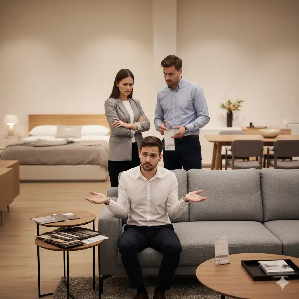 Sales associate sitting on couch not knowing product information with customers confused behind him