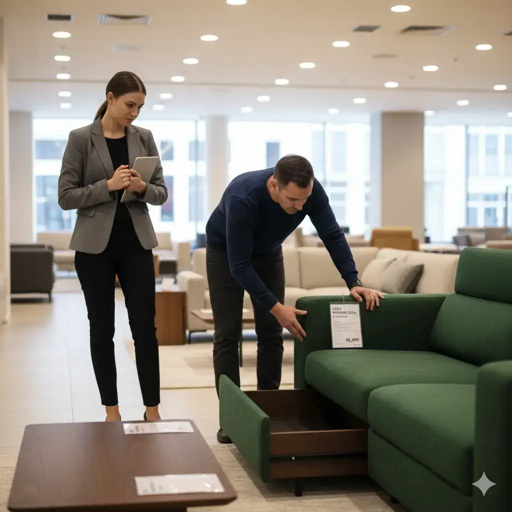 Sales associate stands to the side not fully understanding how to sell couch