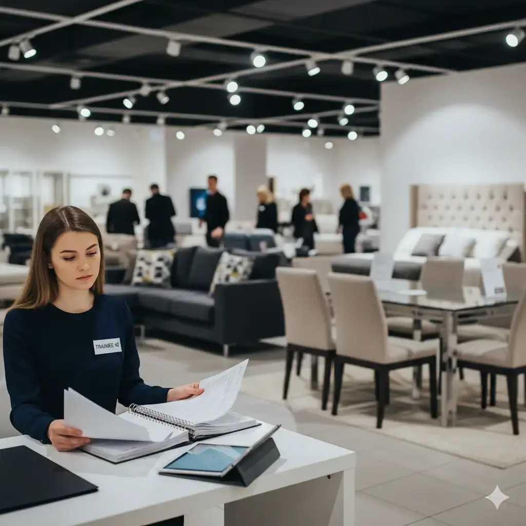 Female sales associate off to the side not ready to work with customers yet