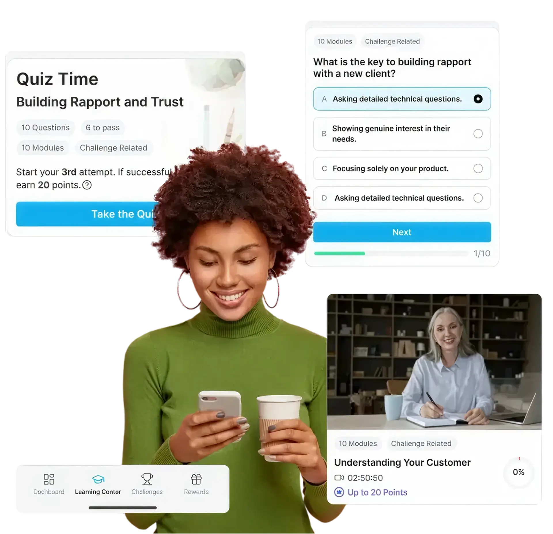 Female RSA using mobile device to complete a training to earn points using the Wonder App