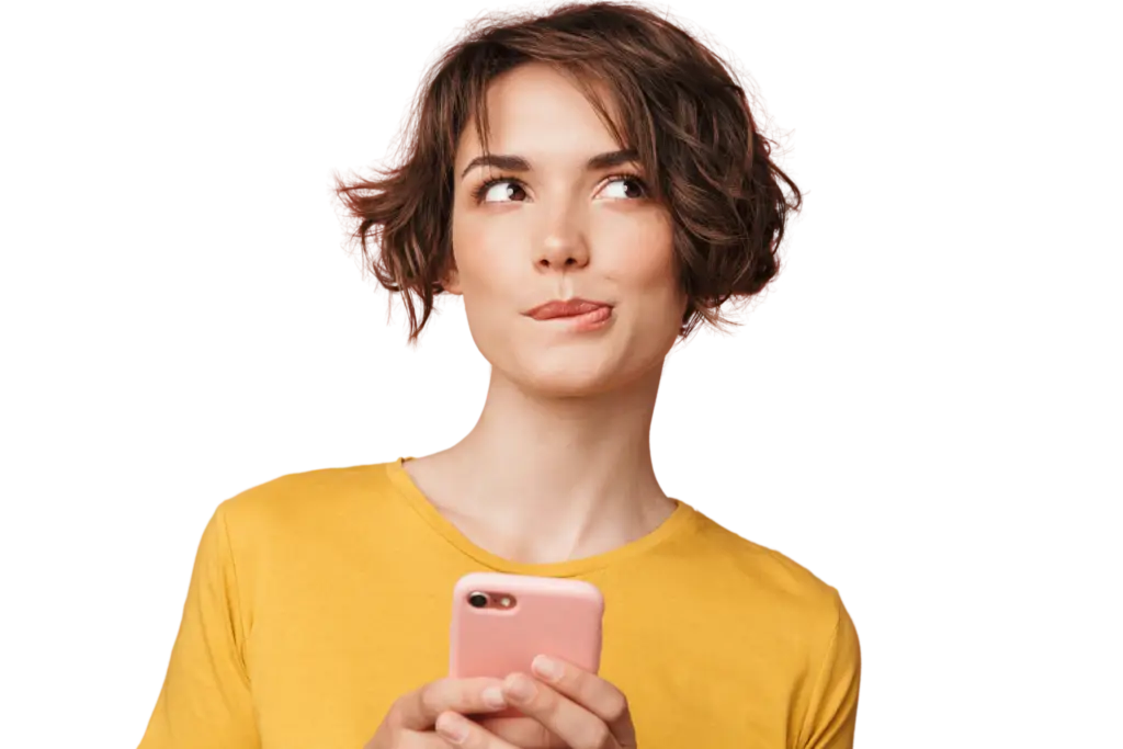 Thinking Dreaming Young Beautiful Woman Posing Using Mobile Phone   Edited