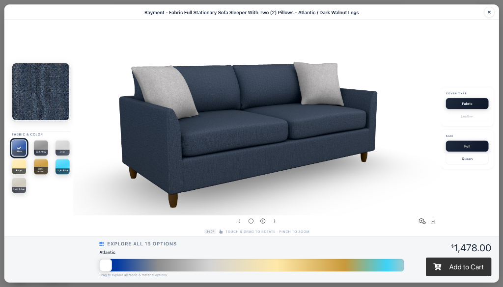 Interactive 3D configurator on the Wonder kiosk app showing the Best Home Furnishings Bayment Fabric Sofa Sleeper in navy blue Atlantic fabric with color swatch selection and Add to Cart button