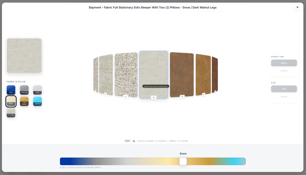 Fabric slider carousel in the Wonder kiosk 3D configurator showing large fabric swatch options for the Best Home Furnishings Bayment sofa with a color gradient slider at the bottom