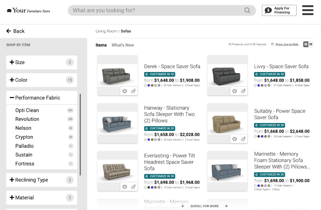 Wonder kiosk interface showing a grid of customizable Best Home Furnishings sofas, each with a CUSTOMIZE IN 3D button, price range, and available color variants