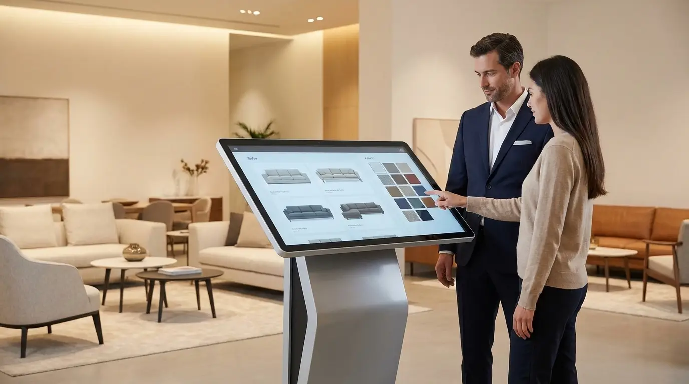 A sales associate and customer browsing a digital catalog kiosk in a modern furniture showroom