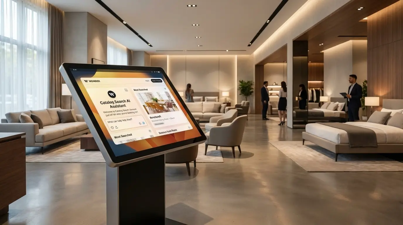 Floor-stand kiosk shows Wonder Catalog Search AI Assistant with a dining set Most Searched card. Endless aisle kiosk supporting showroom floor sales with products not on display