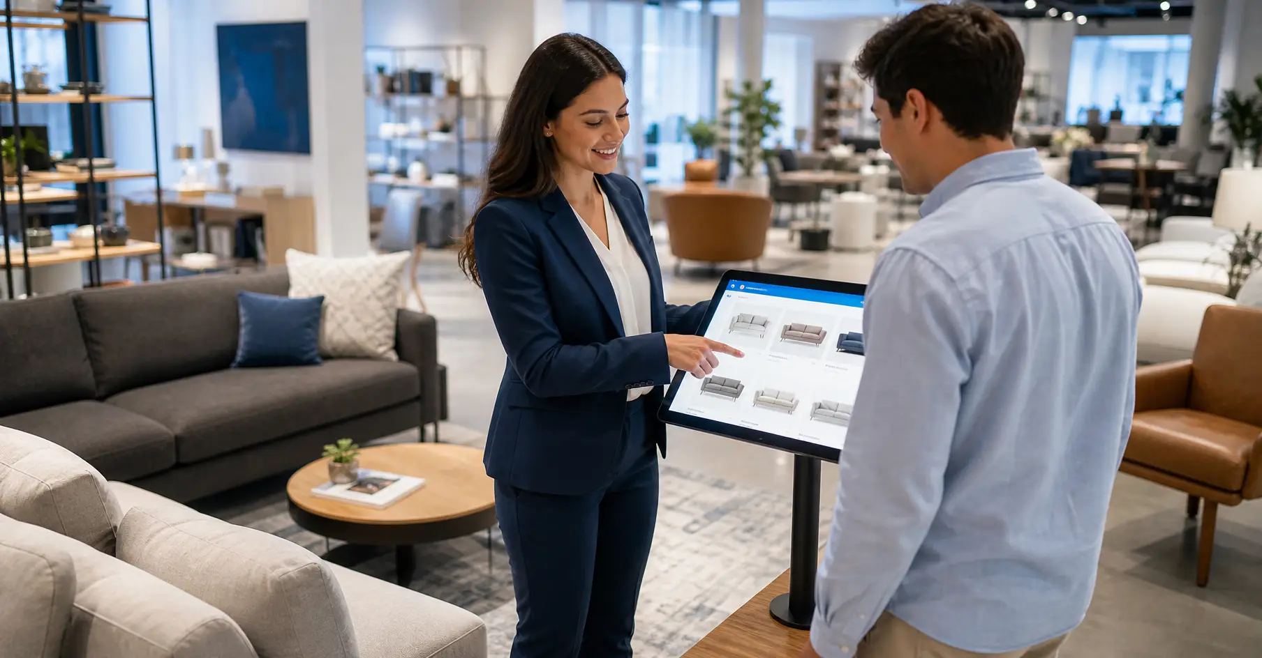Saleswoman in a navy suit shows a tablet with furniture options to a customer in a showroom