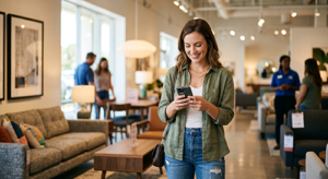 Female Consumer in a Furniture Store with Her Phone Getting Financing Approved Small Wonder Female consumer in a furniture store with her phone getting financing approved
