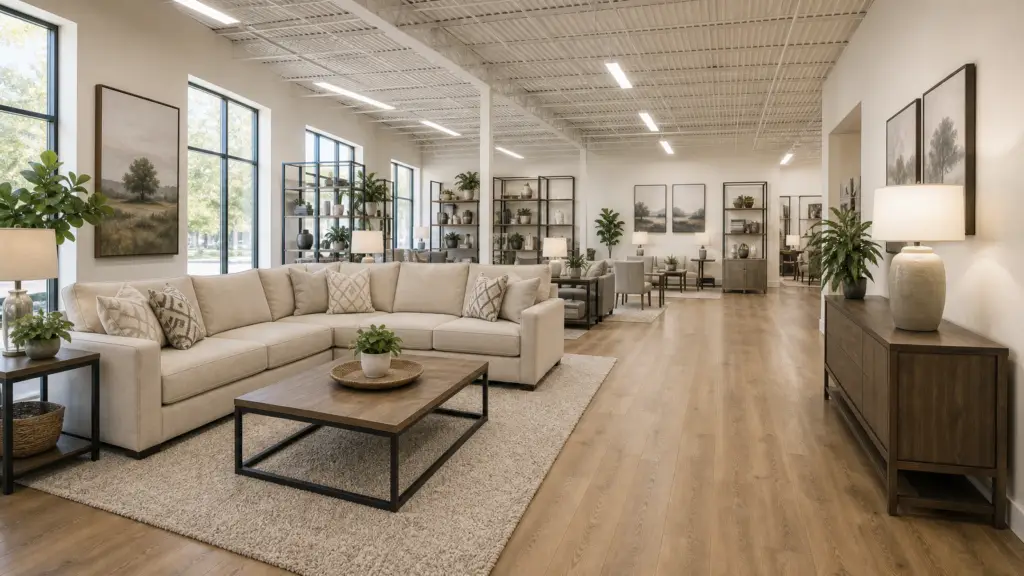 Royal Furniture Wonder App case study showroom living room with beige sectional and wood coffee table Furniture retail case studies clean showroom living room with beige sectional and wood coffee table