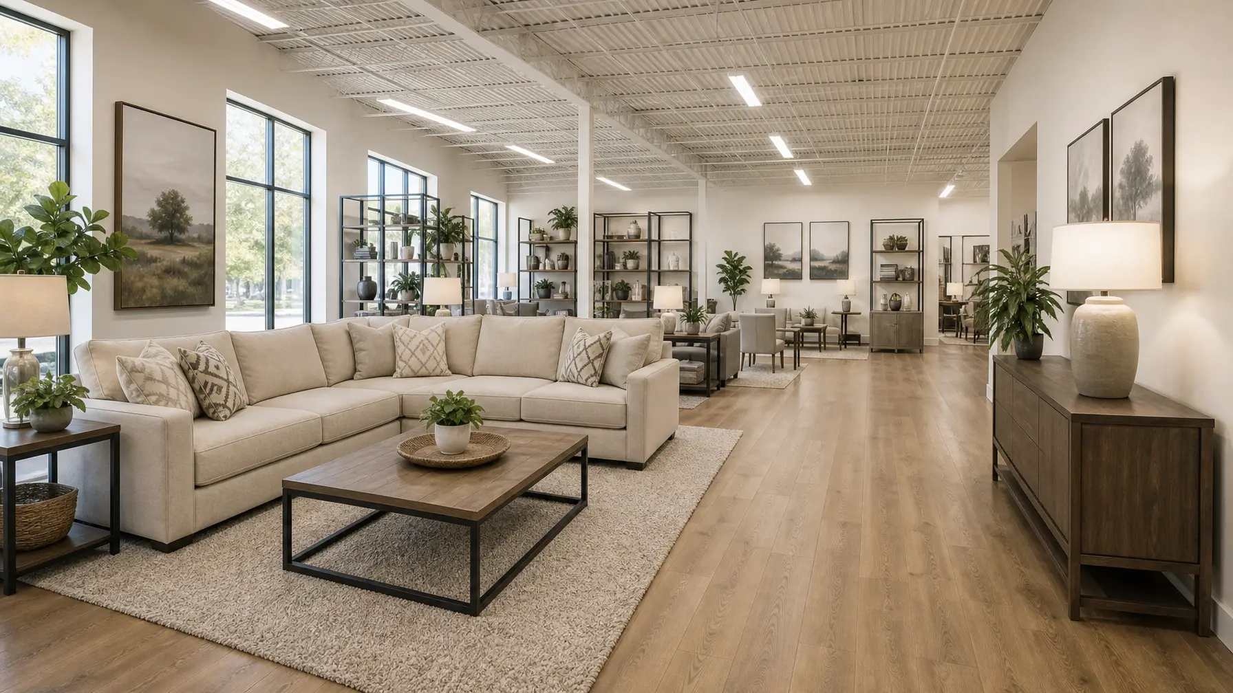 Furniture showroom living room vignette with a beige sectional and wood coffee table