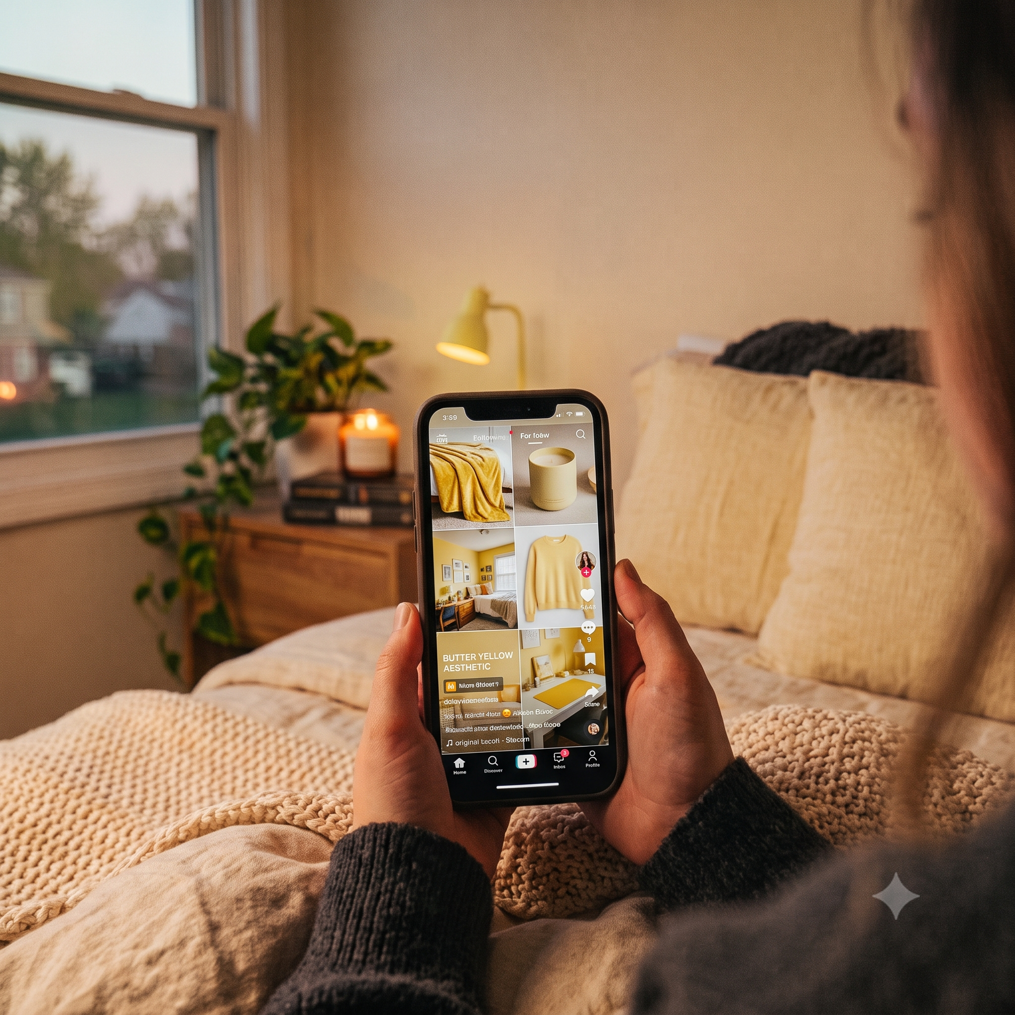Shopper browsing furniture and home inspiration on a phone from bed