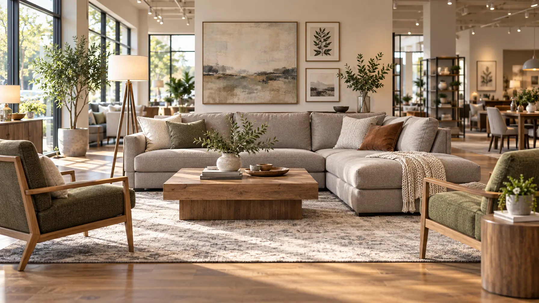 Modern furniture showroom living room with a sectional sofa used while checking the website product catalog