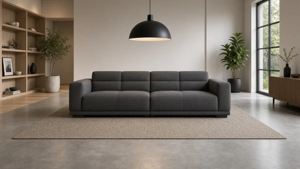 Furniture store Google visibility modern showroom living room with centered sofa