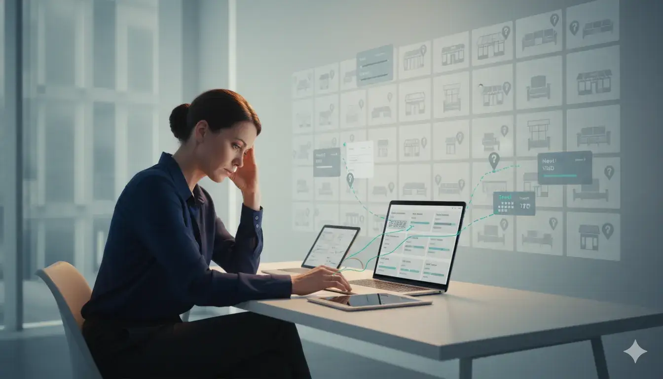 Woman at a laptop studies a floating grid of store and furniture icons with data panels.