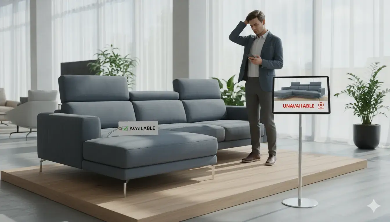 Man in a showroom compares an Available sofa tag with a kiosk marking the sofa Unavailable.