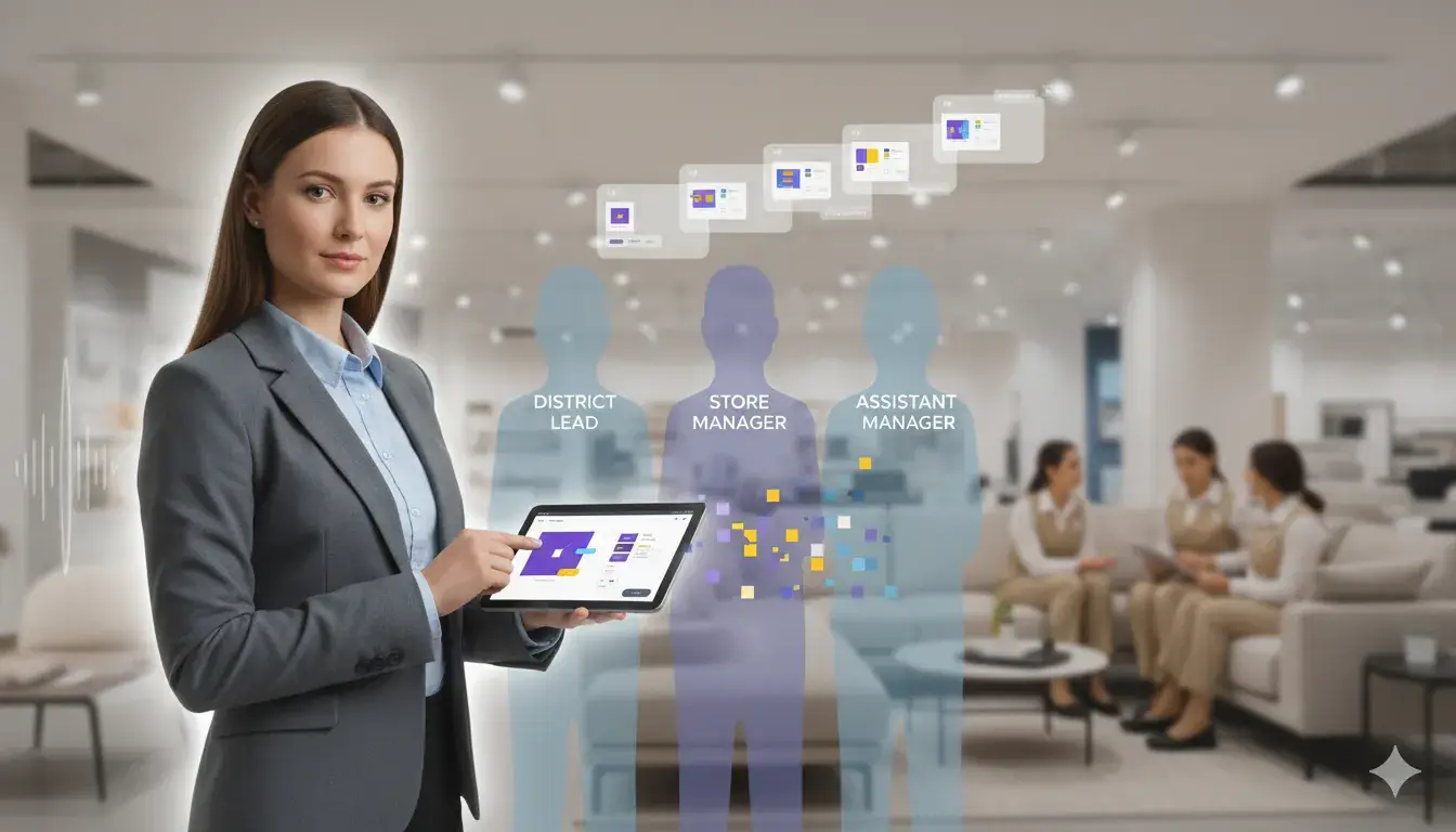 Woman with a tablet points at overlays for District Lead, Store Manager, and Assistant Manager.