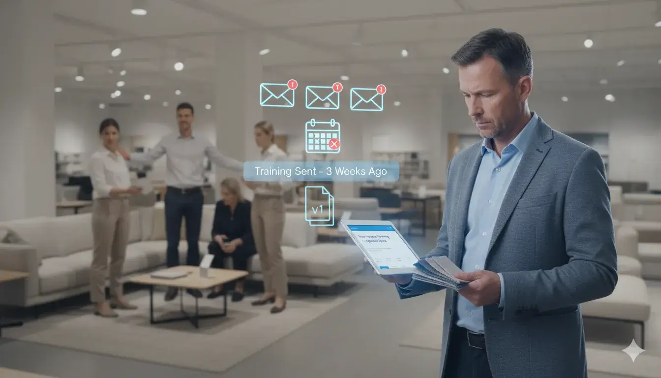 Sales associate holds a tablet and fabric swatches under overdue training and email alerts.