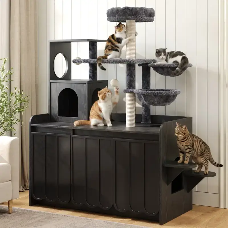 Black cat tree with an attached litter box cabinet, with four cats climbing, perching, and lounging on its carpeted levels Black cat tree with an attached litter box cabinet, with four cats climbing, perching, and lounging on its carpeted levels