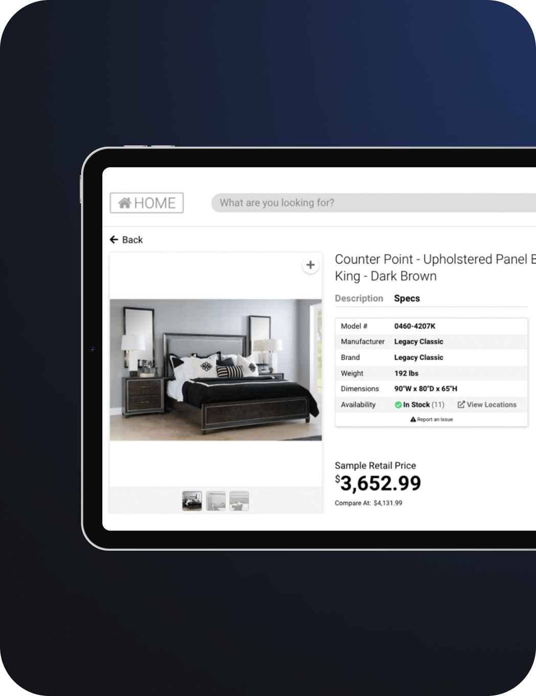 Catalog data syndication: tablet showing a Wonder product page with specs and price for a dark brown Counter Point upholstered king bed.