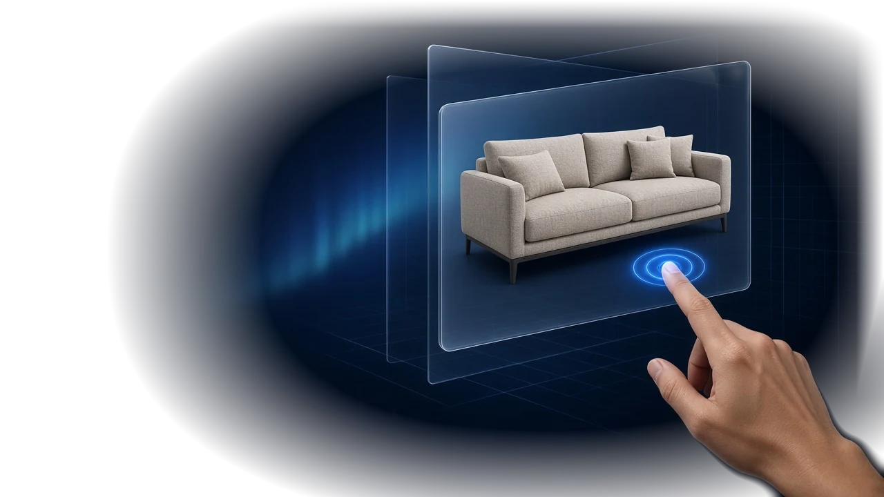 Hand taps a beige sofa shown on floating glass screens, with a glowing blue touch ring on a dark background