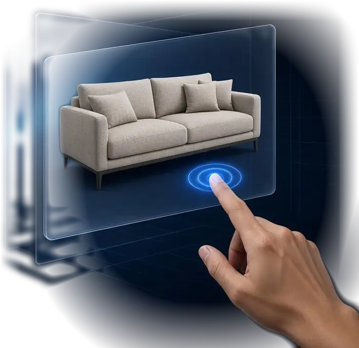 Hand taps a beige sofa shown on floating glass screens, with a glowing blue touch ring on a dark background