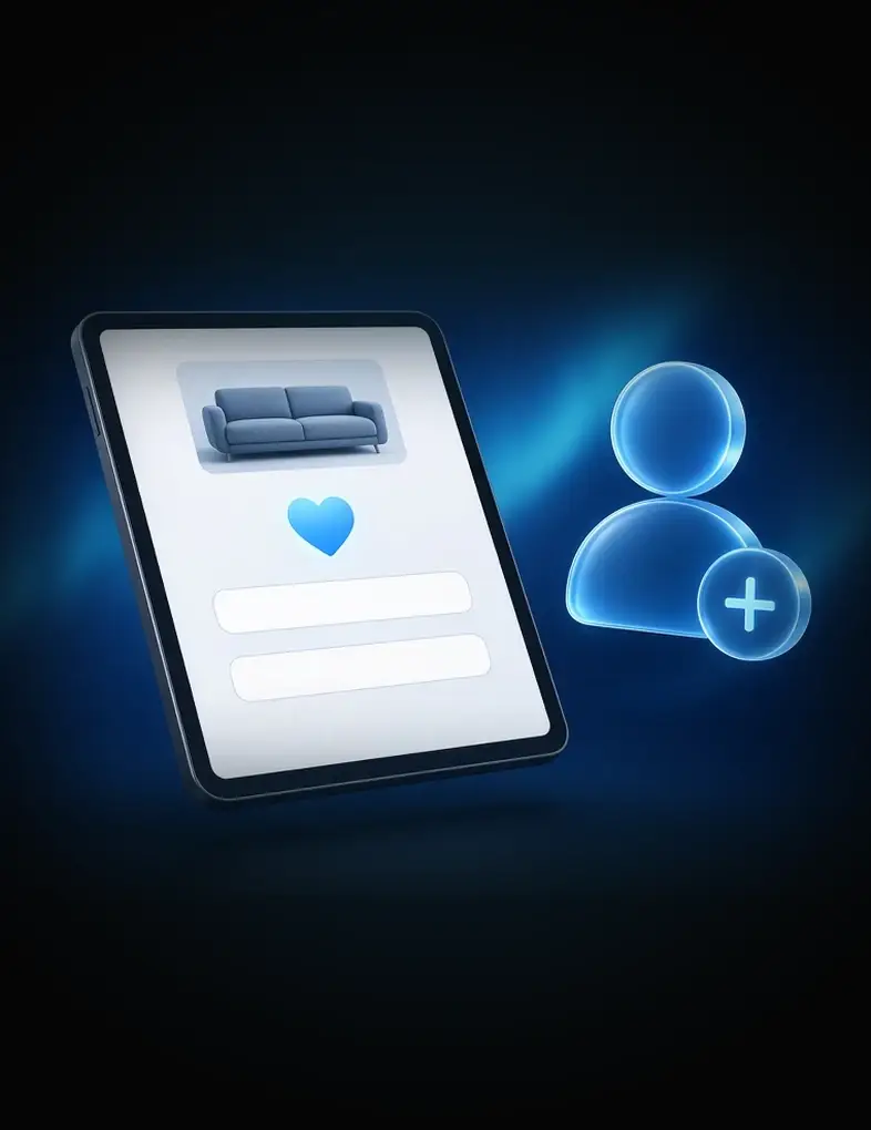Wonder sales tablet with a saved sofa and contact fields beside a glowing new lead icon