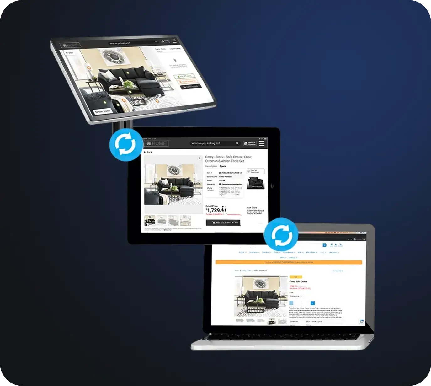 Kiosk, tablet, and laptop show the same Darcy sofa set with sync arrows between devices.