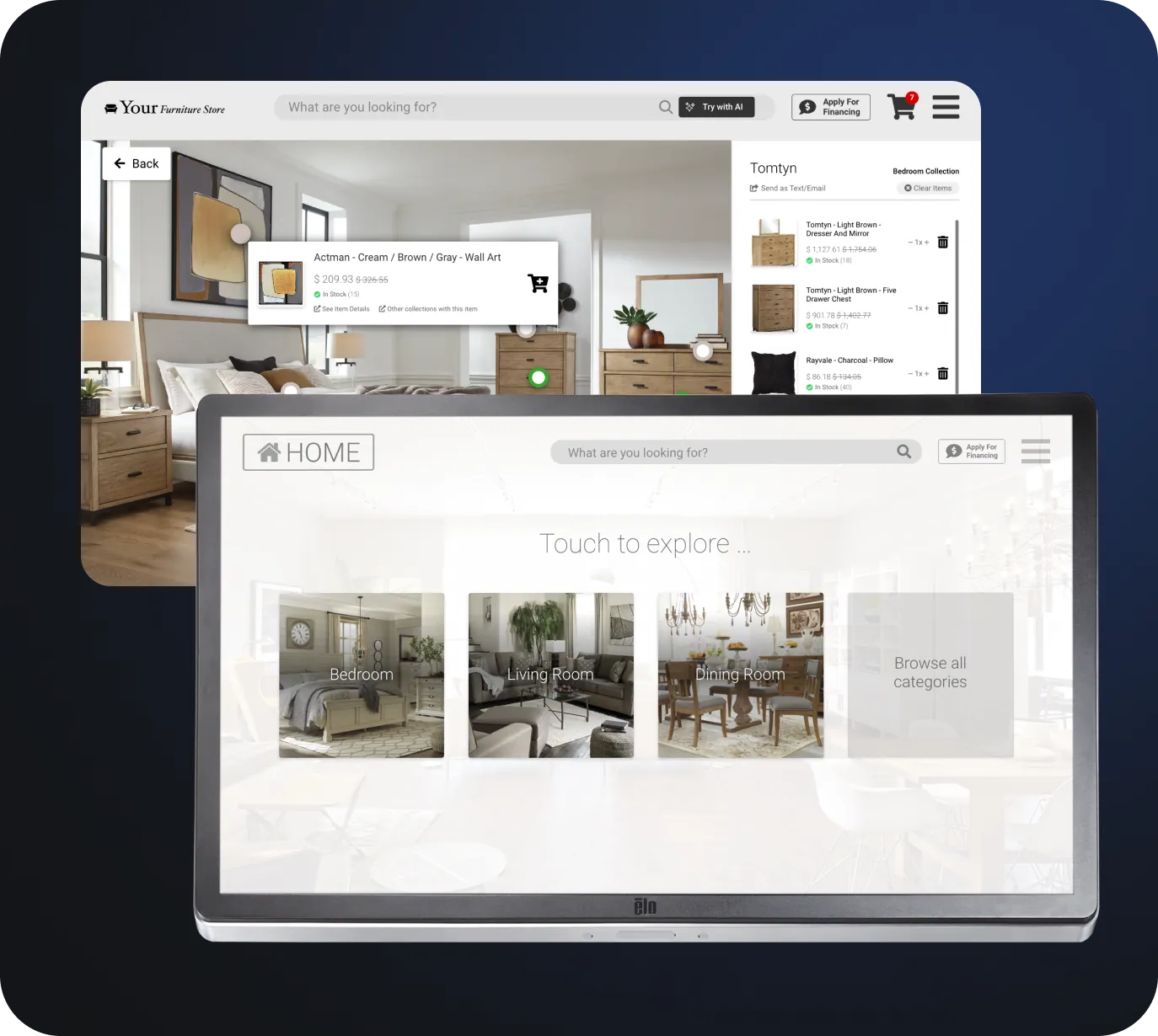 Elo kiosk Touch to explore categories beside a browser room scene with product hotspots.