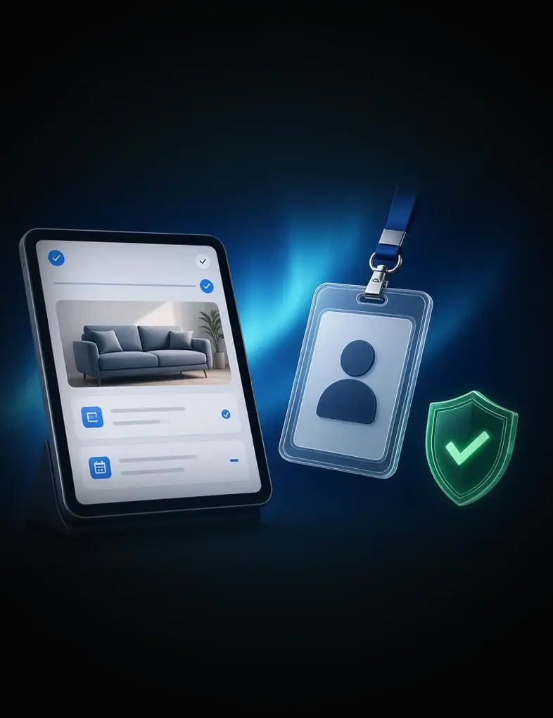 Wonder tablet with a completed furniture order beside an associate badge and a green protected shield
