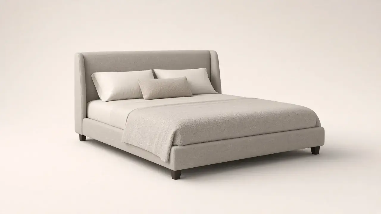 Upholstered queen bed with a warm gray headboard and neutral bedding Upholstered queen bed with a warm gray headboard and neutral bedding
