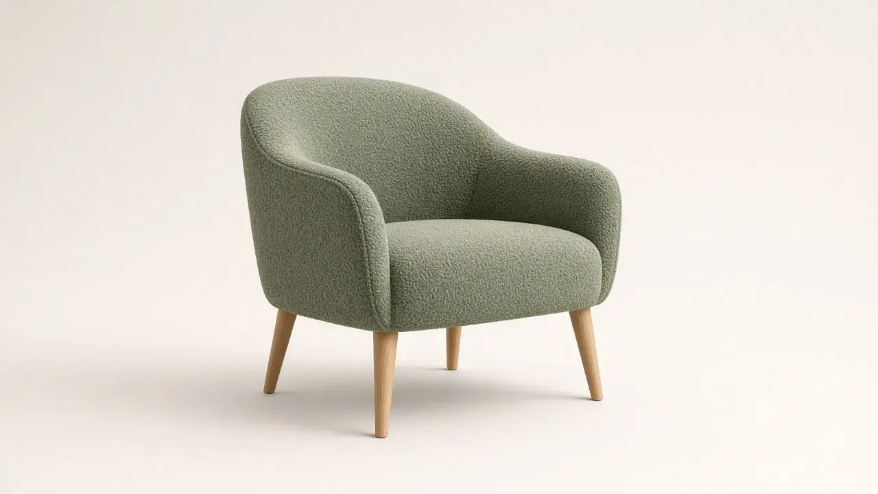 Sage green boucle accent chair with oak legs Sage green boucle accent chair with oak legs