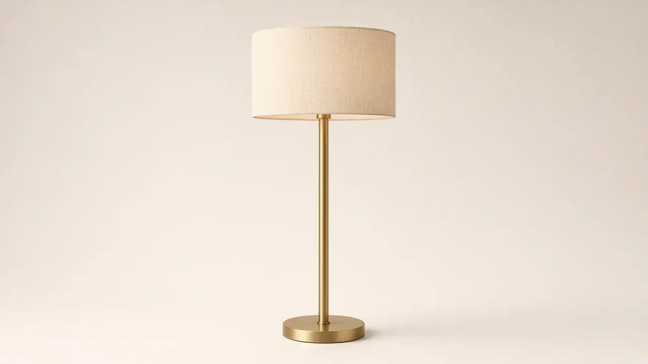 Floor lamp with a cream linen drum shade and brass pole Floor lamp with a cream linen drum shade and brass pole