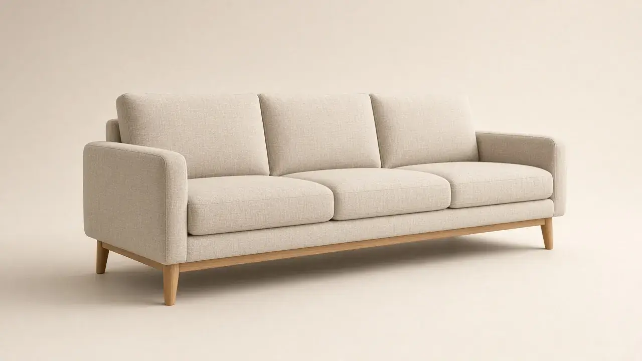 Oatmeal linen three-seat sofa with light oak legs Oatmeal linen three-seat sofa with light oak legs