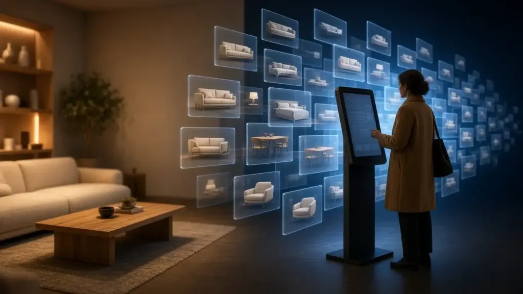 Shopper at a furniture store kiosk browsing an endless aisle catalog of sofas, beds and dining sets beyond the showroom floor Shopper at a furniture store kiosk browsing an endless aisle catalog of sofas, beds and dining sets beyond the showroom floor