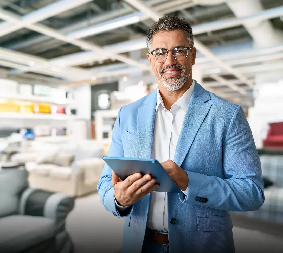 Smiling man in a blue blazer holds a tablet while standing in a bright furniture showroom.