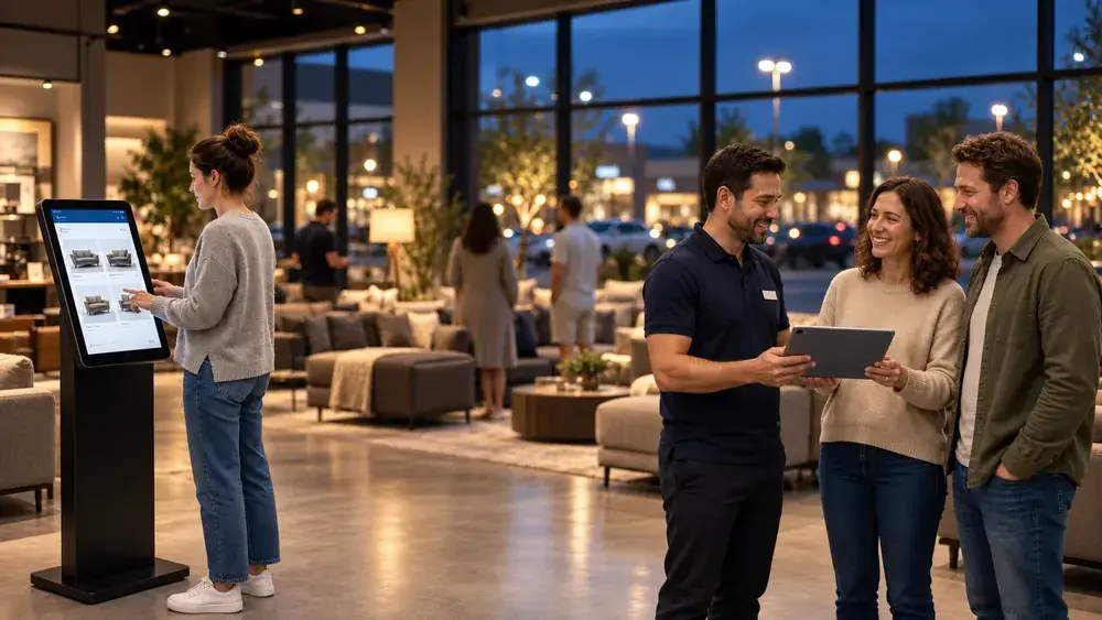 Shopper browsing sofas on a self-service kiosk while an associate shows a couple products on a tablet in a showroom at dusk