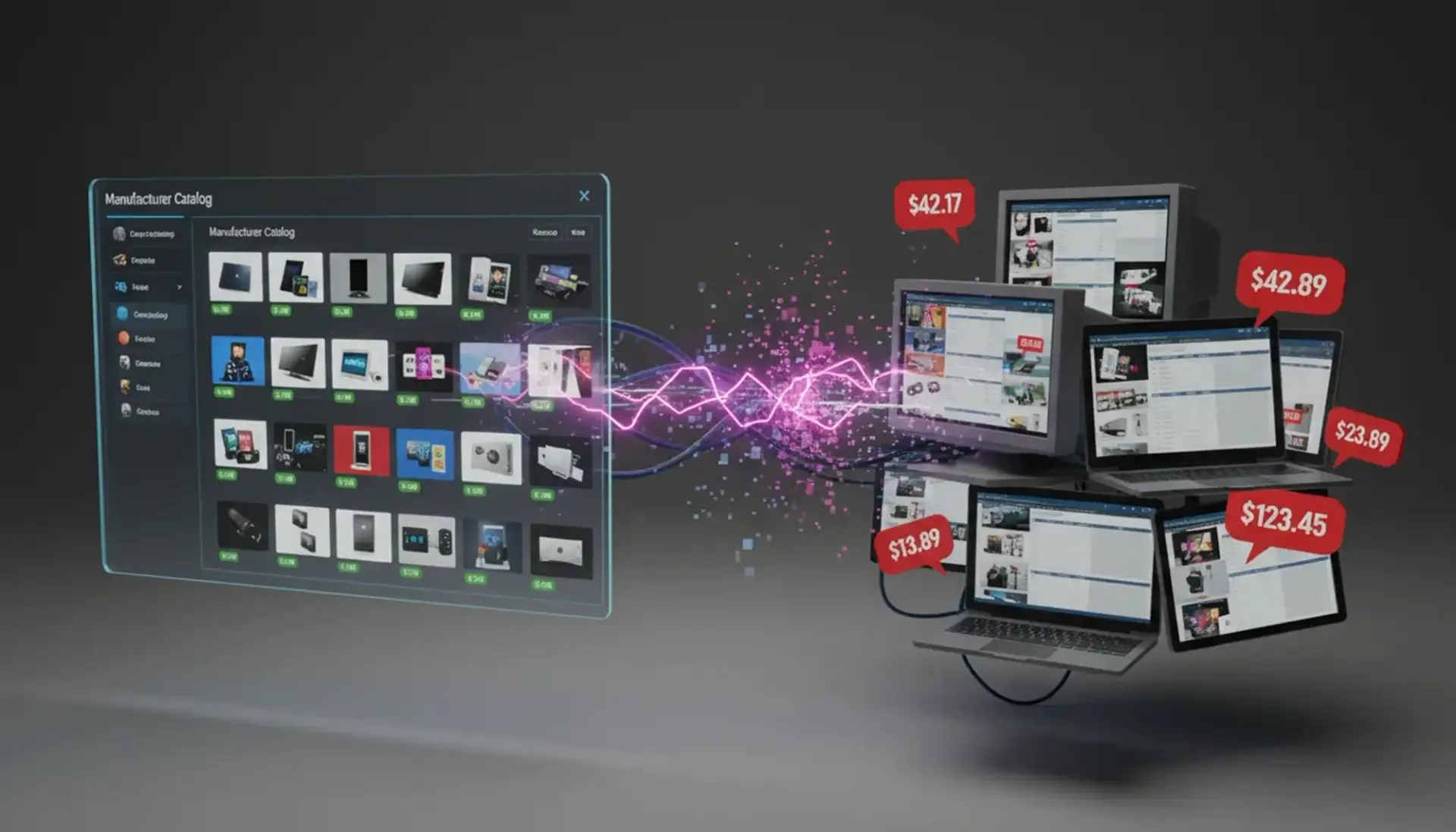 Product content syndication: a manufacturer catalog UI sends data to clustered monitors showing product listings and prices.