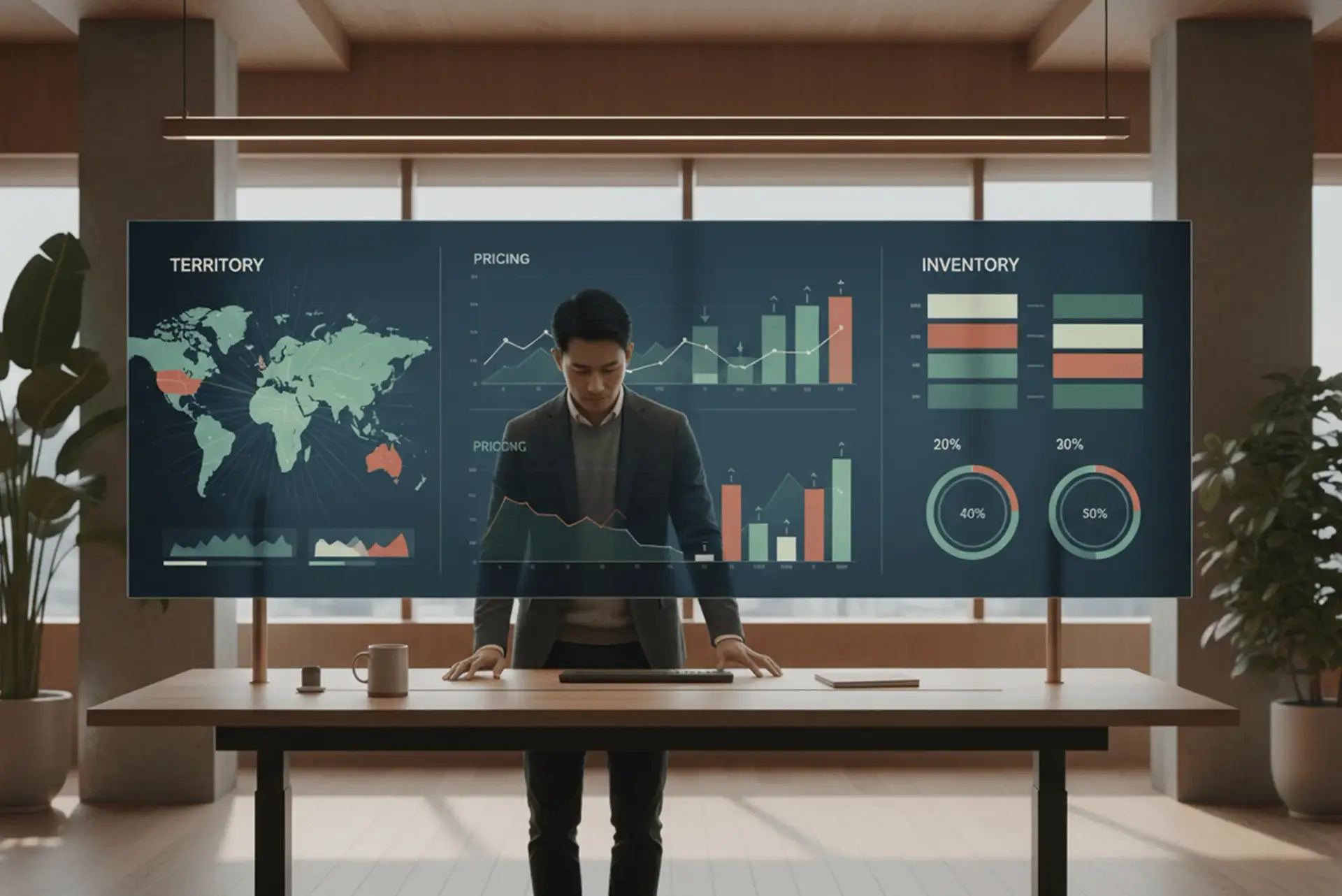 Man at a wooden desk reviews a wide multi-panel analytics dashboard on dual monitors.