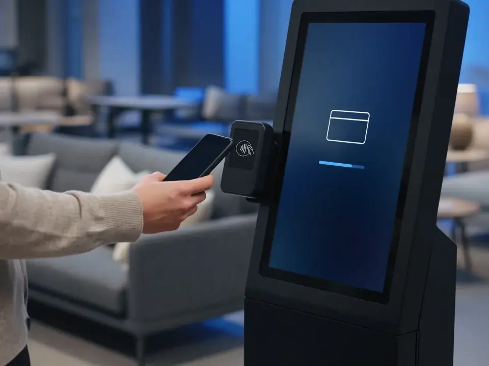 Shopper taps a phone on the contactless reader of a floor kiosk in a furniture showroom to pay Shopper taps a phone on the contactless reader of a floor kiosk in a furniture showroom to pay