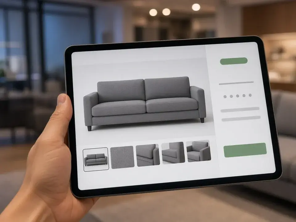 Hand holding a tablet showing a grey sofa product page with green availability details, a matching sofa in the showroom behind Hand holding a tablet showing a grey sofa product page with green availability details, a matching sofa in the showroom behind